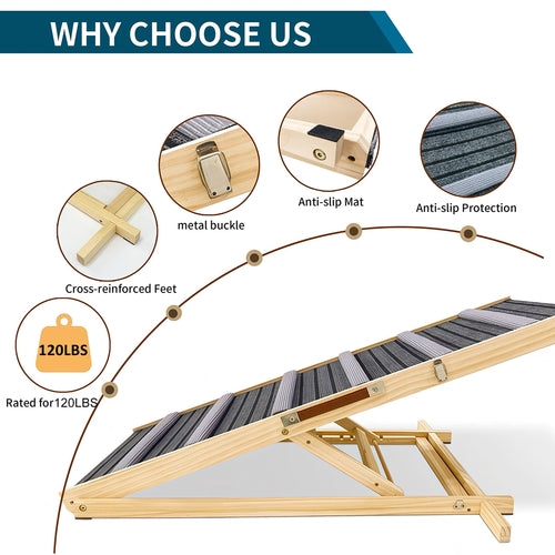 Adjustable Dog Ramp for Couch & Sofa – Solid Wood Pet Steps with 6