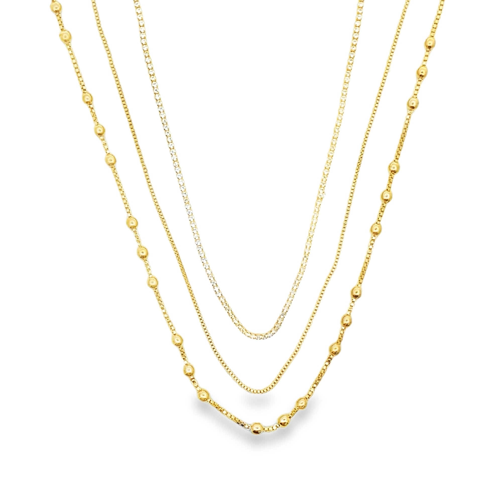 Triple Layer Chain Necklace – Gold Baguette, Box & Beaded Chains (F27A)
