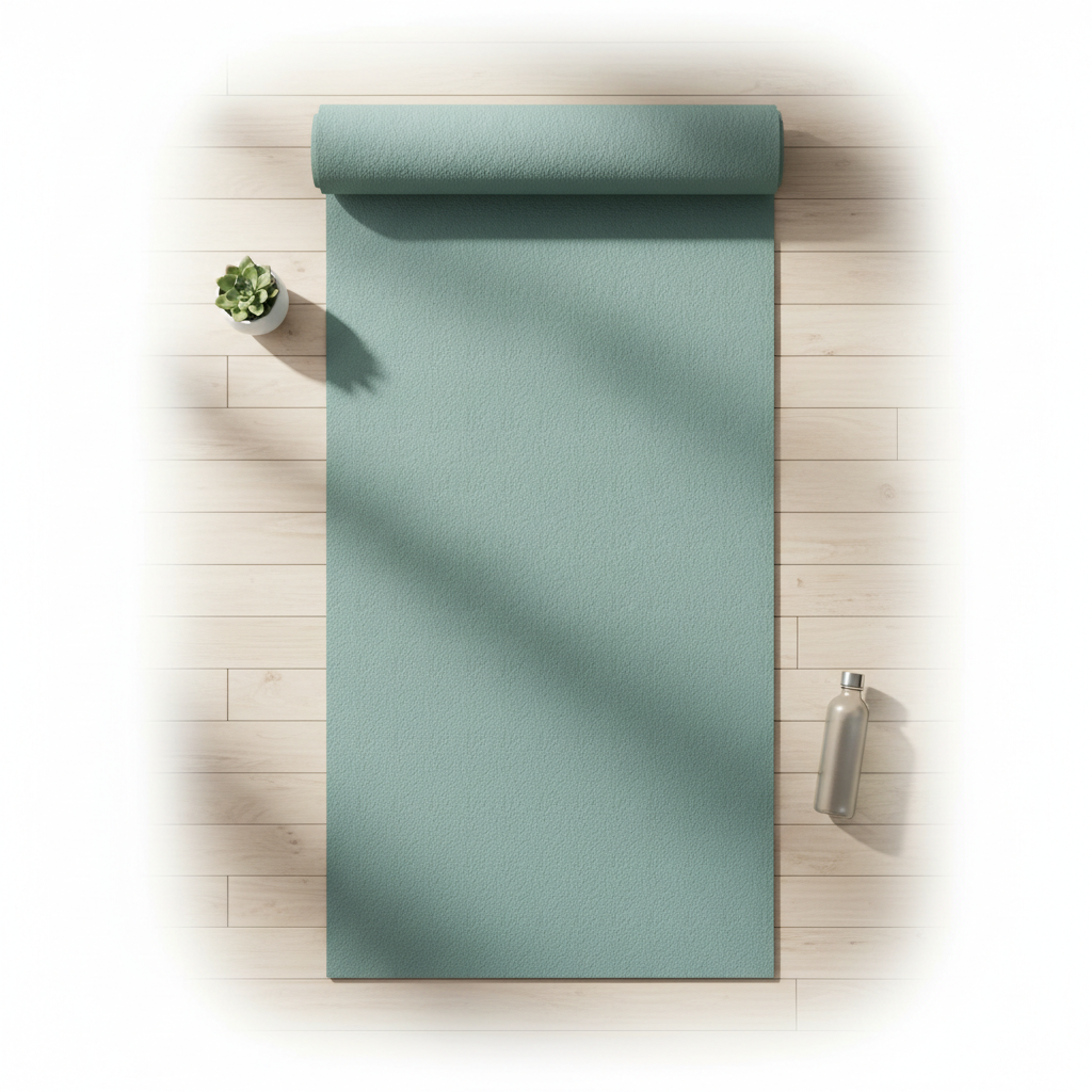 Premium non-slip yoga mat in teal on a wooden floor
