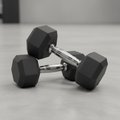 Pair of matte black hex dumbbells with chrome handles